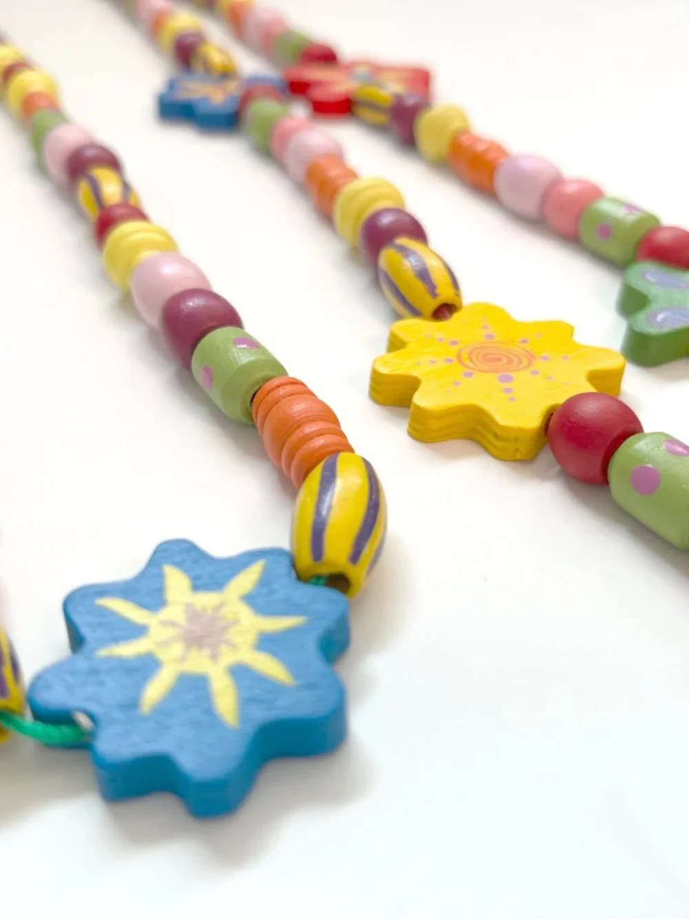 2 Wooden Beaded Necklaces Colorful Flower Charm Boho Bali Jewelry